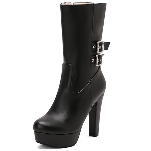 DANOBAB Damen Stiefel mit High Heels - Mode, seitlicher Reißverschluss, hohe Schuhe, wasserdichte Plateaustiefel, Stiefeletten mit Spitzzehe und kurzem Schaft,Schwarz,38 von DANOBAB