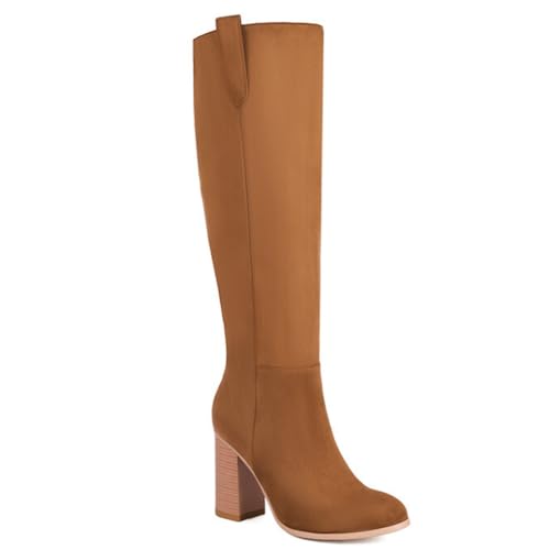 DANOBAB Damen Stiefel mit High Heels bis zum Knie, bequeme Stiefel mit massivem Blockabsatz, spitzem Zeh, seitlichem Reißverschluss zum Anziehen,Braun,35 von DANOBAB