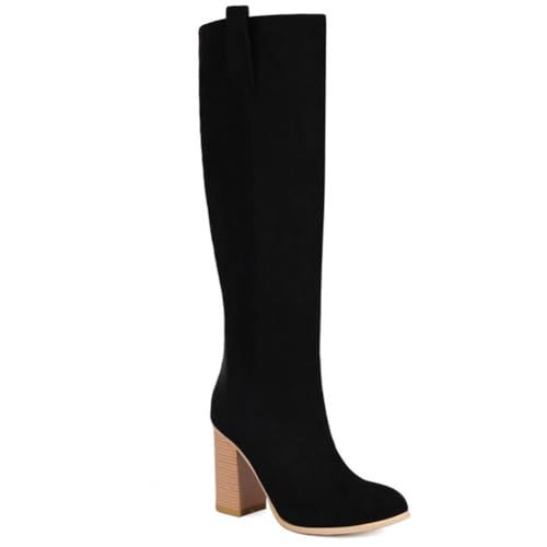 DANOBAB Damen Stiefel mit High Heels bis zum Knie, bequeme Stiefel mit massivem Blockabsatz, spitzem Zeh, seitlichem Reißverschluss zum Anziehen,Schwarz,44 von DANOBAB
