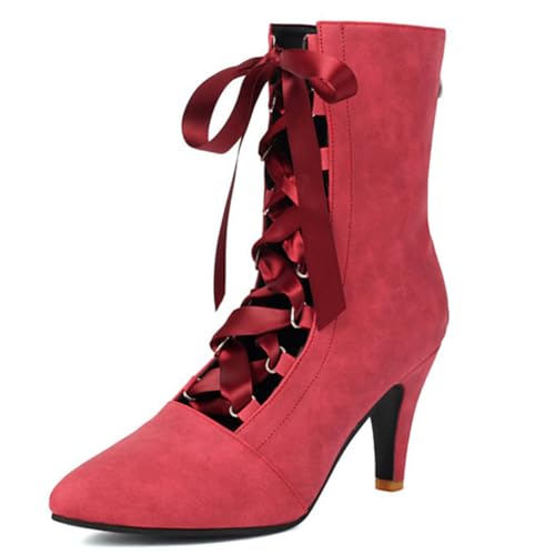DANOBAB Damen Stiefel mit High Heels mit Chunky Blockabsatz, Schnürstiefel mit Spitzenzehe, knöchelhohe Militär Combat Biker Stiefel,Rot,35 von DANOBAB