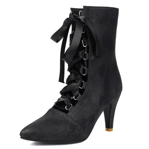 DANOBAB Damen Stiefel mit High Heels mit Chunky Blockabsatz, Schnürstiefel mit Spitzenzehe, knöchelhohe Militär Combat Biker Stiefel,Schwarz,42 von DANOBAB