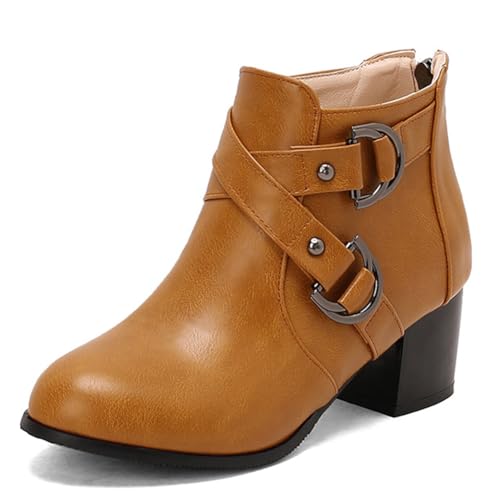 DANOBAB Damen Stiefel mit Spitzenzehe, Blockabsatz und hohem Absatz aus PU, neue Herbst/Winter-Kurzstiefel mit Metallschnalle, Stiefel für Damen in Übergröße,Braun,46 von DANOBAB
