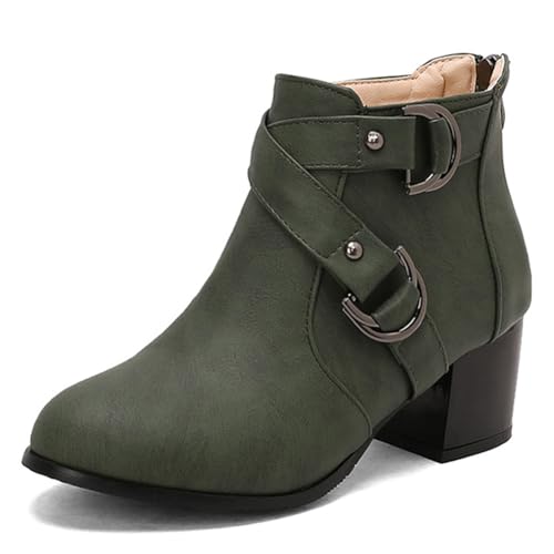 DANOBAB Damen Stiefel mit Spitzenzehe, Blockabsatz und hohem Absatz aus PU, neue Herbst/Winter-Kurzstiefel mit Metallschnalle, Stiefel für Damen in Übergröße,Grün,33 von DANOBAB