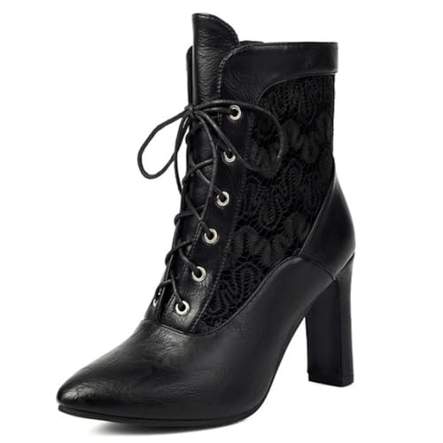 DANOBAB Damen Stiefel mit Spitzenzehe, Hochhacken, Schnürung aus PU, Blockabsätzen für Herbst/Winter, Kurzstiefel in Übergröße,Schwarz,45 von DANOBAB
