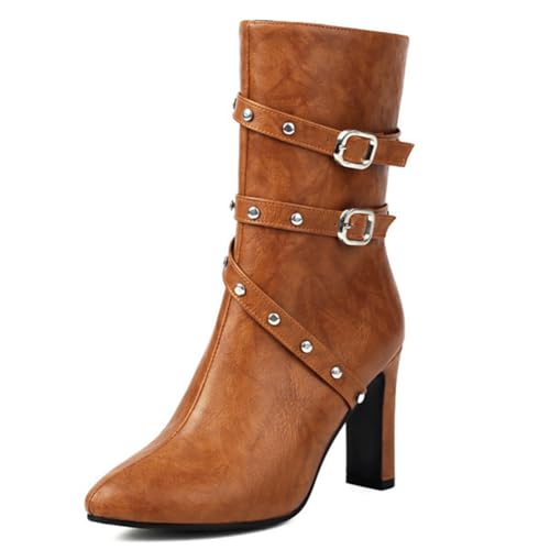 DANOBAB Damen Stiefel mit Spitzenzehe und Hochhacken, Herbst/Winter Stiefel mit Reißverschluss, mittlerer Schaft, Gürtelschnalle und Blockabsatz,Braun,41 von DANOBAB