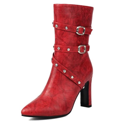 DANOBAB Damen Stiefel mit Spitzenzehe und Hochhacken, Herbst/Winter Stiefel mit Reißverschluss, mittlerer Schaft, Gürtelschnalle und Blockabsatz,Rot,37 von DANOBAB