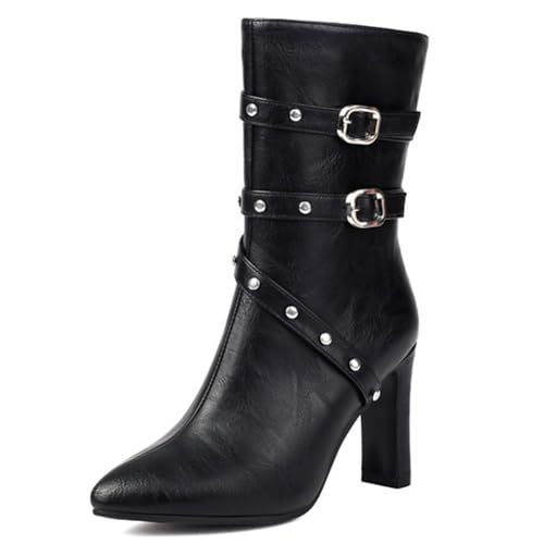 DANOBAB Damen Stiefel mit Spitzenzehe und Hochhacken, Herbst/Winter Stiefel mit Reißverschluss, mittlerer Schaft, Gürtelschnalle und Blockabsatz,Schwarz,41 von DANOBAB
