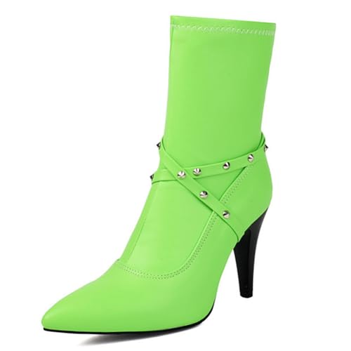 DANOBAB Damen Stiefel mit Spitzzehe, hohe Absätze, Knöchelstiefel, PU-Seitenzipper, Stiletto-Absatz, Modestiefel für Herbst/Winter,Grün,42 von DANOBAB
