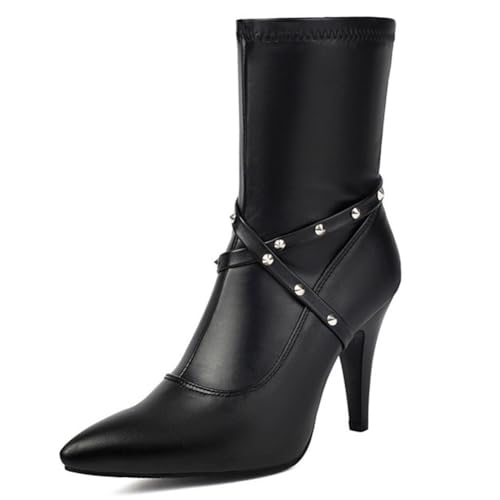 DANOBAB Damen Stiefel mit Spitzzehe, hohe Absätze, Knöchelstiefel, PU-Seitenzipper, Stiletto-Absatz, Modestiefel für Herbst/Winter,Schwarz,45 von DANOBAB