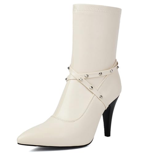 DANOBAB Damen Stiefel mit Spitzzehe, hohe Absätze, Knöchelstiefel, PU-Seitenzipper, Stiletto-Absatz, Modestiefel für Herbst/Winter,Weiß,36 von DANOBAB