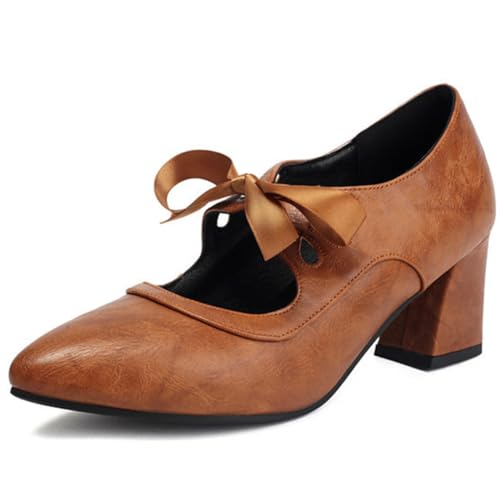 DANOBAB Damen Stiefel mit hohem Absatz, Plus-Size-Damenschuhe mit spitzer Zehe, Blockabsatz, Schnürung, Frühling/Herbst, Damenhaft elegante Stiefel,Braun,38 von DANOBAB