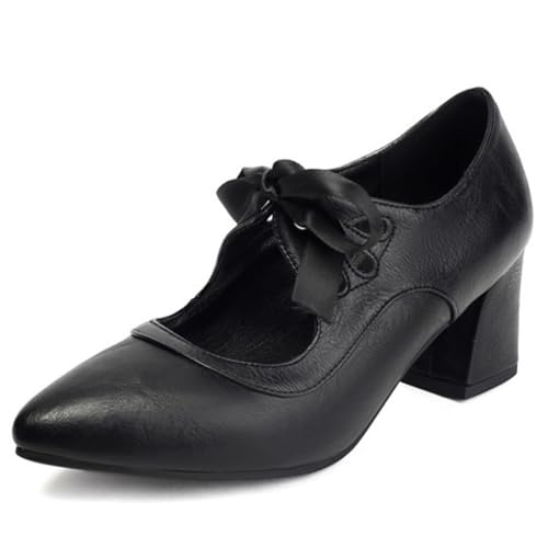 DANOBAB Damen Stiefel mit hohem Absatz, Plus-Size-Damenschuhe mit spitzer Zehe, Blockabsatz, Schnürung, Frühling/Herbst, Damenhaft elegante Stiefel,Schwarz,37 von DANOBAB