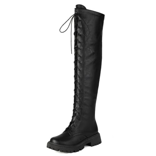 DANOBAB Damen-Stiefel über die Knie, bequeme chunky Blockabsatz (dicke Blockabsatz), runde Spitze, Pull-On-Design, Seitenreißverschluss und Schnürung,Braun,40 von DANOBAB