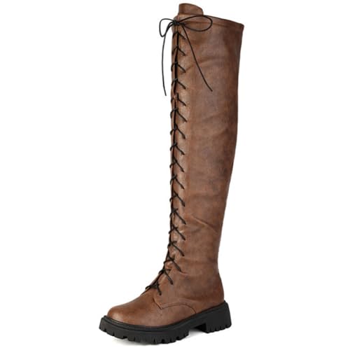 DANOBAB Damen-Stiefel über die Knie, bequeme chunky Blockabsatz (dicke Blockabsatz), runde Spitze, Pull-On-Design, Seitenreißverschluss und Schnürung,Schwarz,42 von DANOBAB