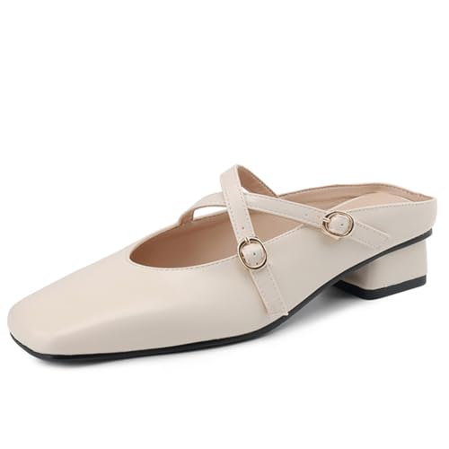 DANOBAB Damen Stiefeletten Mit Chunky High Heels, Geschlossener Zehe, Easy-On Design, PU-Knöchelriemen, Elegante Kleid-Schuhe Für Hochzeit,Beige,34 von DANOBAB