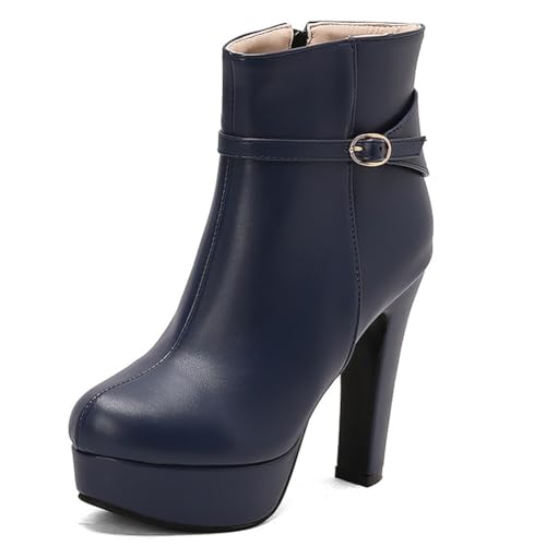 DANOBAB Damen Stiefeletten mit High Heel - Damen Kurzstiefel, Niedriger Blockabsatz, Komfortable Kampfstiefel, Runder Zeh, Kurzschaftstiefel für Frauen,Blau,44 von DANOBAB
