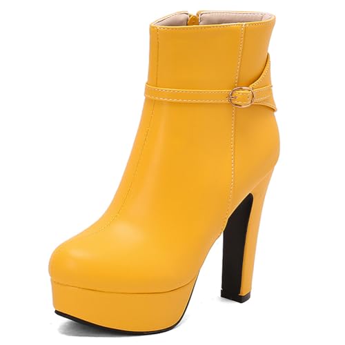 DANOBAB Damen Stiefeletten mit High Heel - Damen Kurzstiefel, Niedriger Blockabsatz, Komfortable Kampfstiefel, Runder Zeh, Kurzschaftstiefel für Frauen,Gelb,46 von DANOBAB