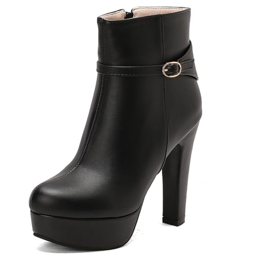 DANOBAB Damen Stiefeletten mit High Heel - Damen Kurzstiefel, Niedriger Blockabsatz, Komfortable Kampfstiefel, Runder Zeh, Kurzschaftstiefel für Frauen,Schwarz,38 von DANOBAB