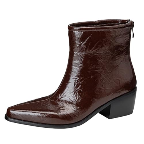 DANOBAB Damen Stiefeletten mit massivem hohen Absatz, PU-Spitzzehen, Reißverschluss, Casual Elegante Party-Schuhe für Frauen,Braun,41 von DANOBAB