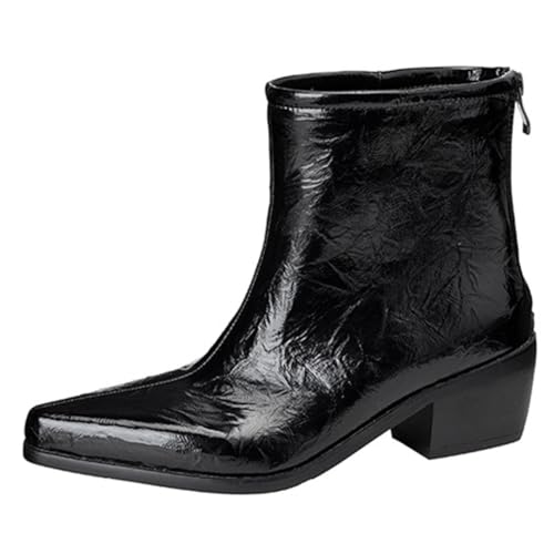 DANOBAB Damen Stiefeletten mit massivem hohen Absatz, PU-Spitzzehen, Reißverschluss, Casual Elegante Party-Schuhe für Frauen,Schwarz,44 von DANOBAB