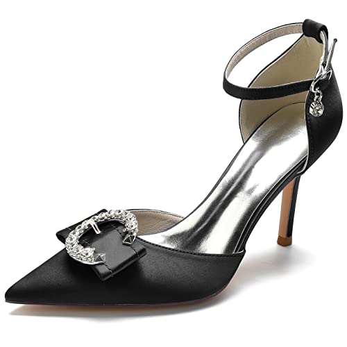 DANOBAB Damen-Stilettos mit Spitzenzehe, Schnalle, Pumps-Design, für Abend- / Hochzeitskleid, Klassiker, 8,5 cm Absatzhöhe,Schwarz,40 von DANOBAB