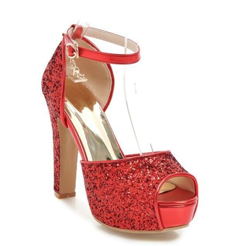 DANOBAB Damen Stilettos mit massivem hohen Absatz, Peep-Toe Design, Plateau, Mary Jane-Schnalle mit Glitzer, modische Pumps,Rot,40 von DANOBAB