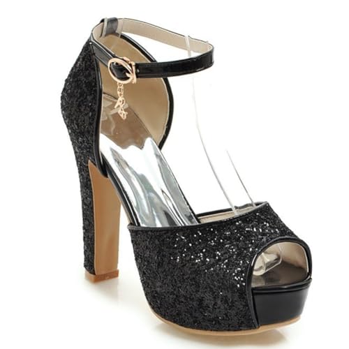 DANOBAB Damen Stilettos mit massivem hohen Absatz, Peep-Toe Design, Plateau, Mary Jane-Schnalle mit Glitzer, modische Pumps,Schwarz,32 von DANOBAB