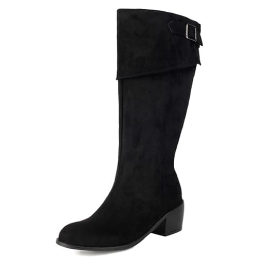 DANOBAB Damen stiefel mit Gürtelschnalle, Runder Zeh, Mittelhoher Absatz, Overknee-Stiefel mit Robustem Absatz, Modische und Bequeme Damen,Schwarz,39 von DANOBAB