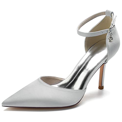 DANOBAB Elegante Damen Pumps Mit Spitzenzehe, Hohem Absatz Schnalle, Riemchen Satin - Ideal Als Brautschuhe Und Für Hochzeitsfeiern,Silber,40 von DANOBAB