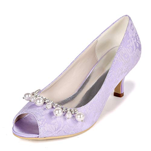 DANOBAB Frauen Braut Hochzeit Schuhe Satin Abend Elfenbein Strass Peep Toe Ballsaal Damen Herbst High Heels/6cm Absatz,Light Purple,39 von DANOBAB