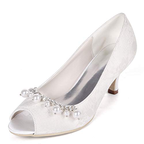 DANOBAB Frauen Braut Hochzeit Schuhe Satin Abend Elfenbein Strass Peep Toe Ballsaal Damen Herbst High Heels/6cm Absatz,Weiß,39 von DANOBAB
