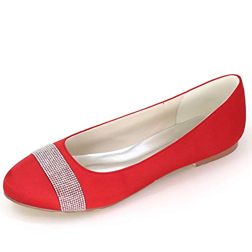 DANOBAB Frauen Flache Schuhe Hochzeitsbraut Damen Funkelnde Slip-ON Brautjungfern Pumps Schuhe/Funkelnde Geschlossene Zehen,Rot,43 von DANOBAB