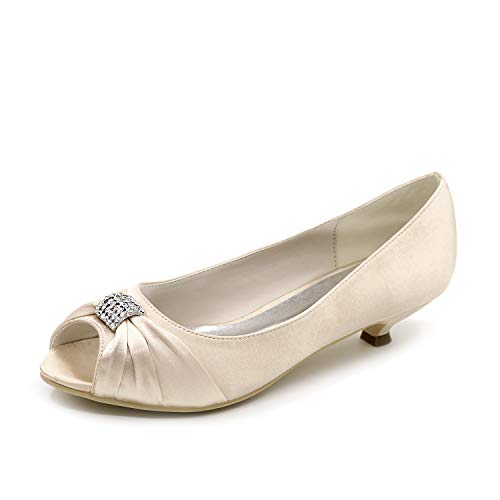 DANOBAB Frauen Low Heel Hochzeitsschuhe, Basic Sommer Satin Elfenbein Zehe Kitten High Heels YT-89 Peep Toe Kleid Blume /3,5 cm Absatz,Champagne,38 von DANOBAB