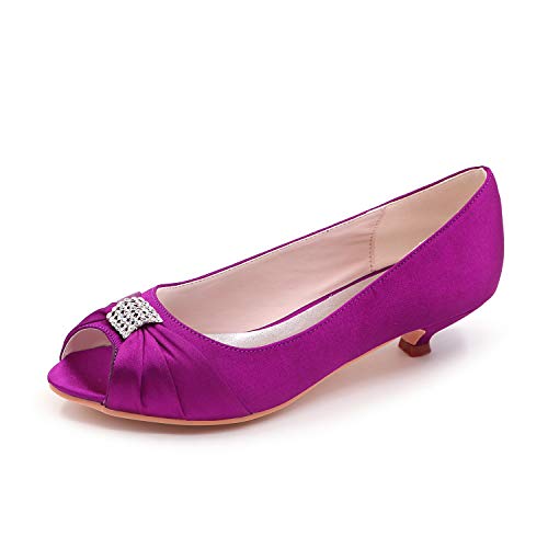 DANOBAB Frauen Low Heel Hochzeitsschuhe, Basic Sommer Satin Elfenbein Zehe Kitten High Heels YT-89 Peep Toe Kleid Blume /3,5 cm Absatz,Lila,41 von DANOBAB
