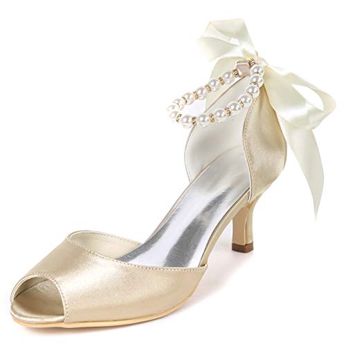 DANOBAB Frauen Low Heel Hochzeitsschuhe, Perle Peep Toe Elfenbein Kätzchen High Heels Abendkleid Blume /6Cm Absatz,Champagne,38 von DANOBAB