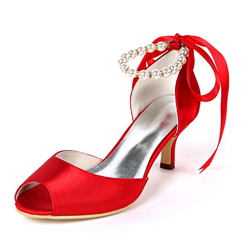 DANOBAB Frauen Low Heel Hochzeitsschuhe, Perle Peep Toe Elfenbein Kätzchen High Heels Abendkleid Blume /6Cm Absatz,Rot,39 von DANOBAB