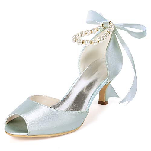 DANOBAB Frauen Low Heel Hochzeitsschuhe, Perle Peep Toe Elfenbein Kätzchen High Heels Abendkleid Blume /6Cm Absatz,Silber,37 von DANOBAB