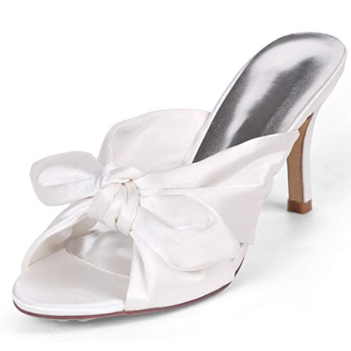 DANOBAB Frauen Marine Hochzeitsschuhe, Peep Toe High Heel Plattform Kätzchen Brautmode Neue Satin Herbst/Flip Flop,Weiß,42 von DANOBAB