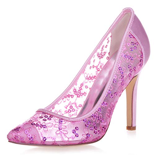 DANOBAB Frauen Marineblaue Hochzeitsschuhe, Spitze Spitze Elfenbein Herbst High Heels, Basic Sommer Braut Mitte Geschlossene Zehe / 10Cm Absatz,Rosa,35 von DANOBAB