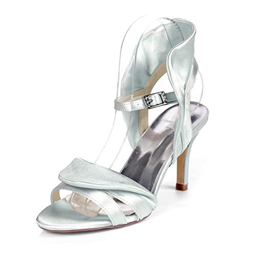 DANOBAB Frauen Peep Toe High Heels, Hochzeitsschuhe Toe Kitten Schnalle Plattform Chunky Brautmode,Silber,38 von DANOBAB