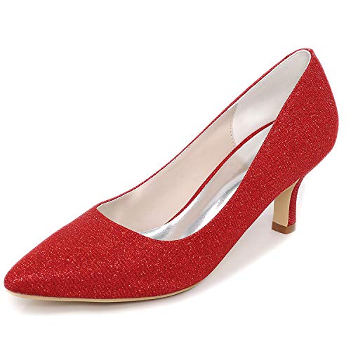 DANOBAB Frauen Pumps Geschlossene Zehe Kitten Heel Hochzeit Strass Schuhe für Braut Funkelndes Elfenbein High Heels/Kleid,Rot,39 von DANOBAB
