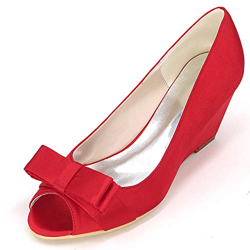 DANOBAB Frauen Satin Hochzeit Braut Schuhe Peep Toe Low Heels Plateau Herbst Court Schuhe High Heels Pumps/6,5cm Absatz,Rot,38 von DANOBAB