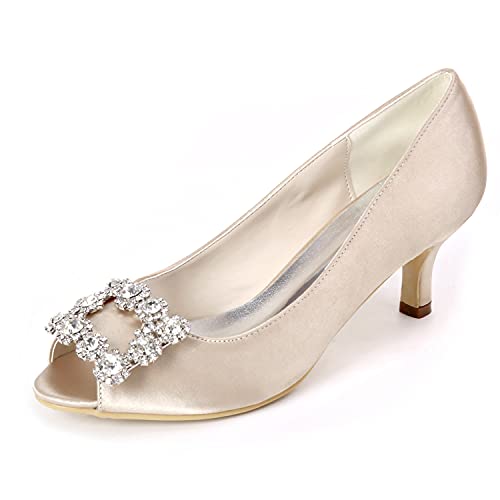 DANOBAB Frauen Satin Low Slip On Hochzeitsschuhe Kitten Heels Damen Braut Abend Brautjungfer Elfenbein Court Schuhe &6CM Absatz,Champagne,38 von DANOBAB