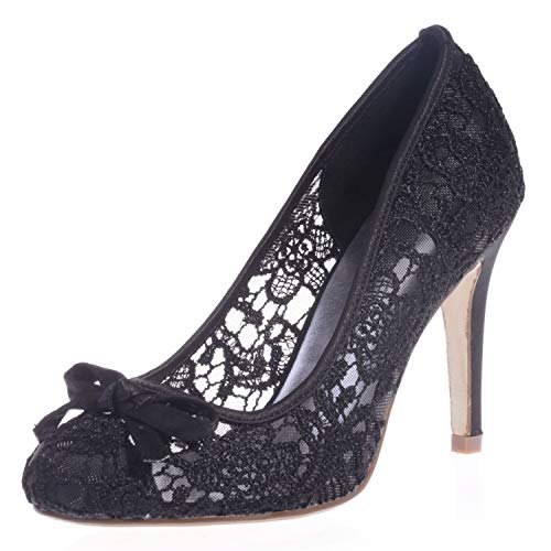 DANOBAB Frauen Spitze Hochzeitsschuhe, Spitzkleid Braut Blau Damen Herbst High Heels Geschlossene Zehe/9Cm Absatz,Schwarz,41 von DANOBAB