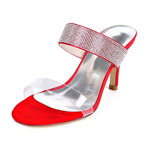 DANOBAB Frauen Strass Brautschuhe Peep Toe Sandalen Funkelnde Pumps Damen Herbst Brautjungfern/8,5cm Absatz,Rot,42 von DANOBAB