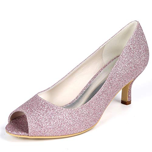 DANOBAB Hochzeitschuhe Elfenbein, Damen Peeptoe Niedrige Absatz Braut Scrub Toe Kitten Pumps Abend Party/Kleid Schuhe,Lila,42 von DANOBAB