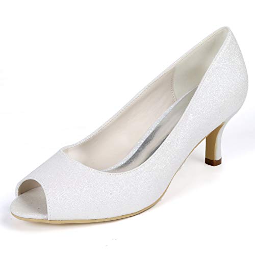 DANOBAB Hochzeitschuhe Elfenbein, Damen Peeptoe Niedrige Absatz Braut Scrub Toe Kitten Pumps Abend Party/Kleid Schuhe,Weiß,39 von DANOBAB