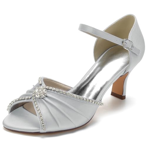 DANOBAB Hochzeitssandalen für Frauen - Elegante Hochzeitsschuhe mit 2,55-Zoll-niedrigem Blockabsatz, Satin-Schnalle, Strass-Verzierung,Silber,42 DANOBAB Hochzeitssandalen für Frauen - Elegante Hochzeitsschuhe mit 2,55-Zoll-niedrigem Blockabsatz, Satin-Schnalle, Strass-Verzierung,Silber,42 von DANOBAB