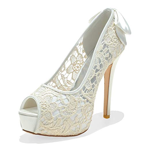DANOBAB Hochzeitsschuhe, Frauen Spitze Herbst High Heels Elfenbein Seide Wie Braut Mitterabend Peep Toe/12,5Cm Absatz,Elfenbein,40 von DANOBAB
