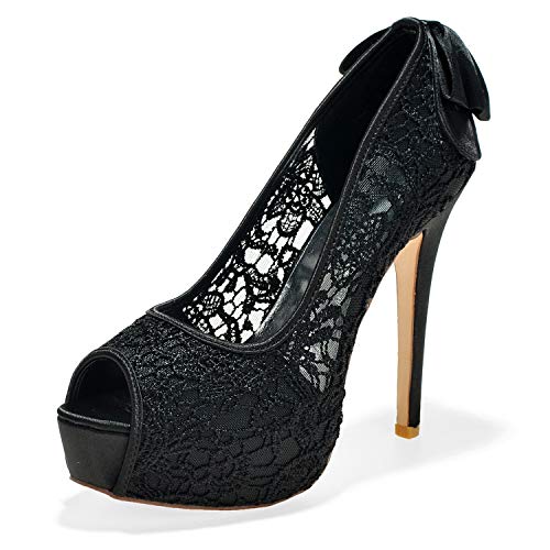 DANOBAB Hochzeitsschuhe, Frauen Spitze Herbst High Heels Elfenbein Seide Wie Braut Mitterabend Peep Toe/12,5Cm Absatz,Schwarz,36 von DANOBAB